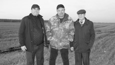 Владимир Иванов (в центре), замглавы — начальник управления сельского хозяйства администрации Венгеровского района Валерий Майоров (слева), глава Венгеровского района Сергей Черных (справа) выехали осмотреть урожай