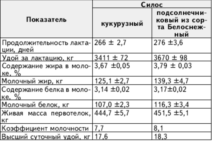 Влияние кукурузного и подсолнечникового силосов на показатели молочной продуктивности первотелок (x ± sx)