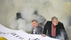 Оппозиционные партии Украины пытались сорвать ратификацию соглашения о Черноморском флоте в Верховной раде. Представители «Блока Юлии Тимошенко» и «Наша Украина — Народная самооборона», в частности, пытались заблокировать парламентскую трибуну, в результате чего у них произошла стычка с депутатами от «Партии регионов», которые препятствовали блокированию трибуны. Также оппозиционеры забрасывали председателя ВР Владимира Литвина куриными яйцами и бросили дымовую шашку. Кроме того, представители оппозиции испортили систему голосования, залив прорези для карточек клеем.