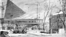 Строительство ТЮЗа — вид с улицы Серебренниковской.