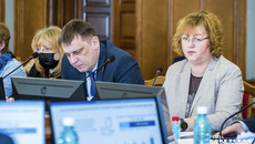 Основные докладчики на заседании социального комитета: министр образования Сергей Федорчук и министр труда и социального развития региона Елена Бахарева (крайняя справа). Фото: Андрей Заржецкий