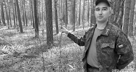 Антон Басалаев демонстрирует полностью съеденные посадки — эти сосны обгладывали несколько зим подряд. Фото: Светлана Фролова