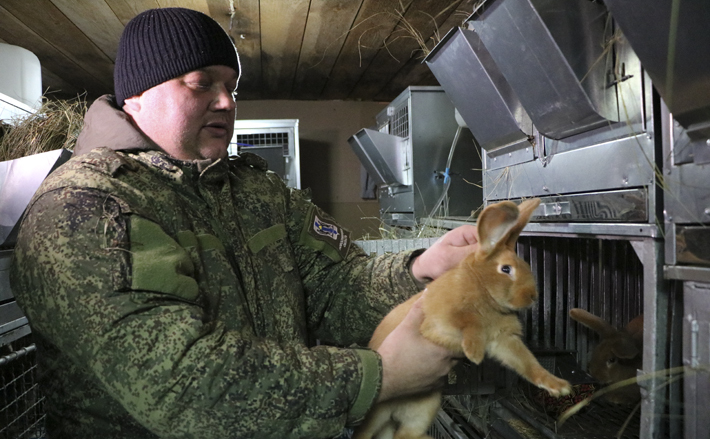 По возвращении домой участник освободительной кампании в Донбассе Игорь Бортнев организовал кроличью мини-ферму. Мясо раздает знакомым и наладил поставки в специализированную лавку. Фото: mtsr.nso.ru